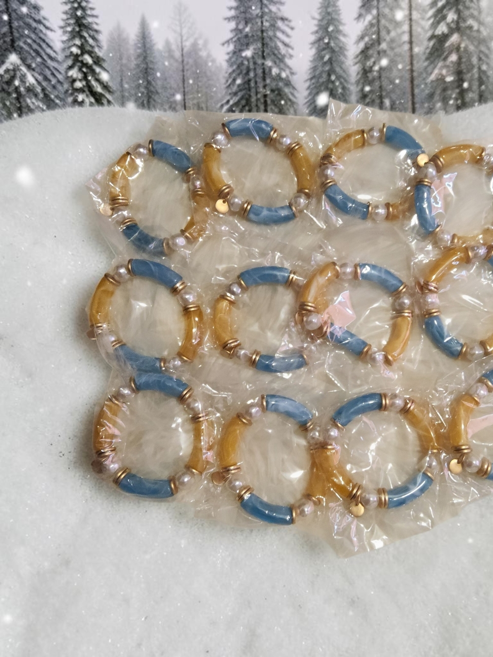 Plunder Blue and Amber Stretch Bracelet 12 Pcs Set - Gold Accents